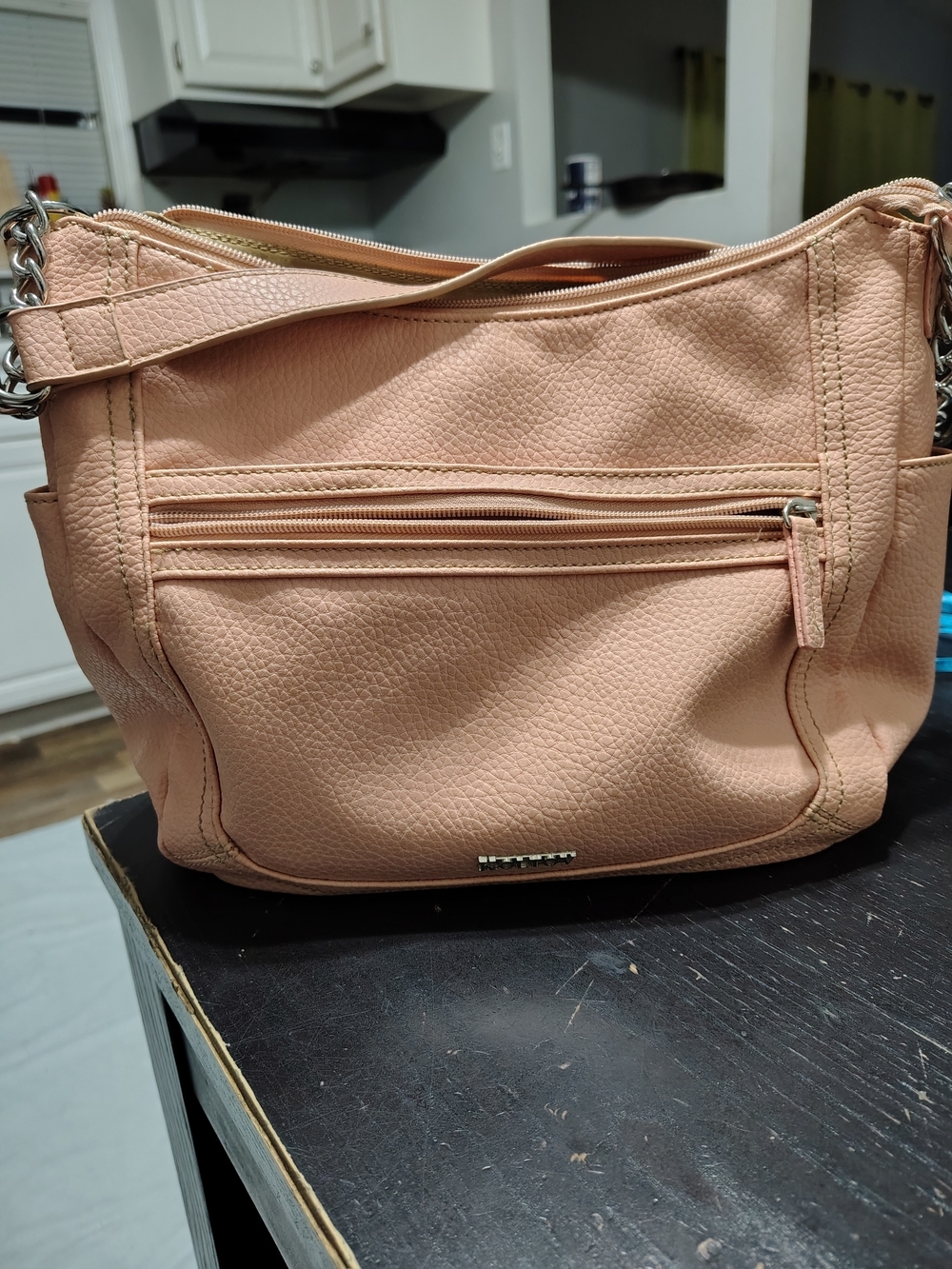 Pebbled Leather Shoulder Bag in Soft Peach with Chain-Accent Straps